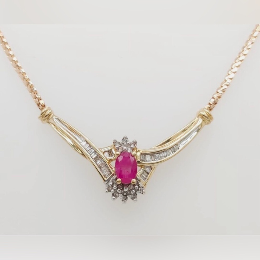 Vintage Italian ADL 10k Gold Ruby & Baguette Diamond Designer Necklace 4.3 grams - Picture 4 of 16